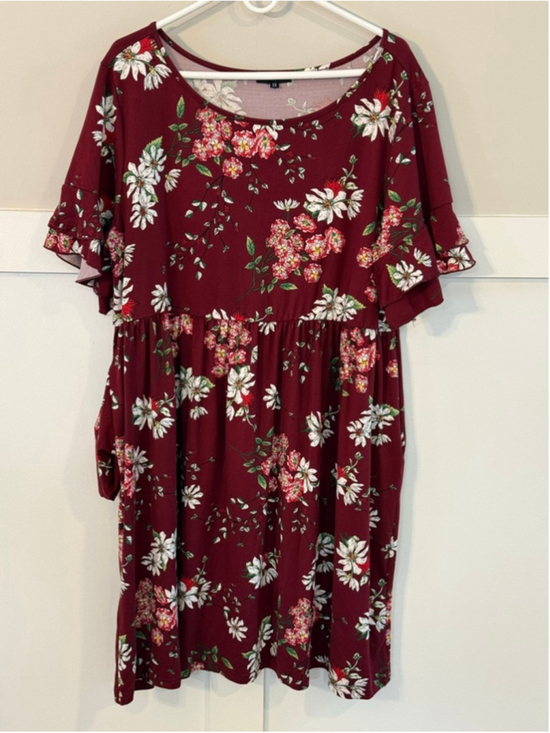 Tralilbee Dresses & Skirts - Tralilbee 2X Burgundy Floral Babydoll Dress Ruffle Sleeve Plus Size